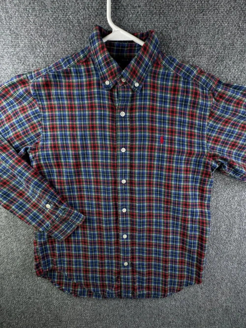 Ralph Lauren Boys Flannel Button Up Shirt Long Sleeve Colorful Plaid Red Blue